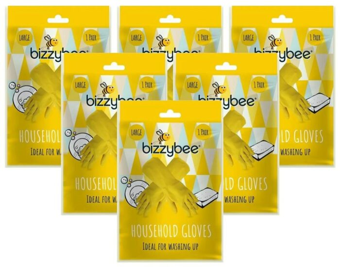 Six pairs of Bizzybee Household Gloves (Large) fanned out — large-size household cleaning gloves in a multi-pair pack for everyday cleaning and kitchen tasks.