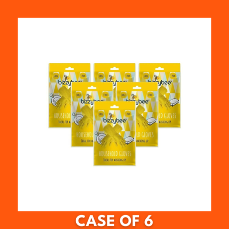 Pack of six pairs of Bizzybee Household Gloves, Large — reusable household cleaning gloves sold as a 6-pair set for dishwashing and general home chores, shown in retail packaging.