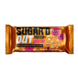 Retail box of 12 Sugar'D Out Salted Caramel Blondie Protein + Creatine Oat Bars (12 x 68g) with bars visible, highlighting protein and creatine features