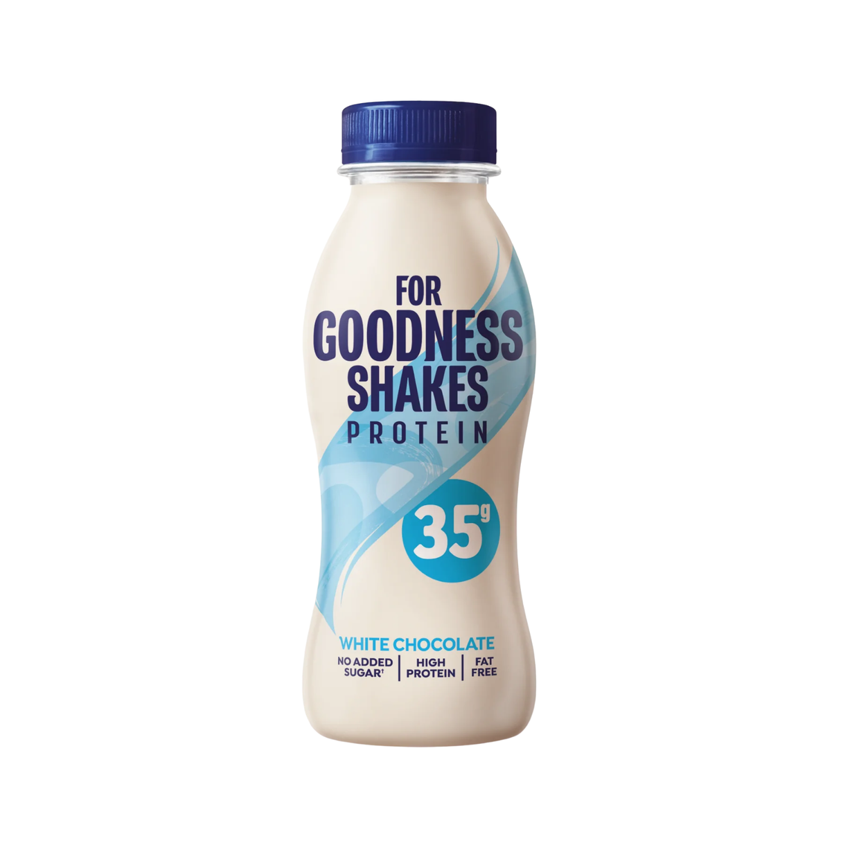 Close-up of a single For Goodness Shakes White Chocolate 330ml bottle within an eight-bottle pack, showing brand and flavor