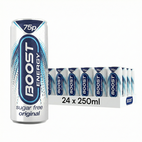 Close-up of a Boost Sugar Free Energy Drink Original 250ml can showing label and BBE 22/04/2026 with the 24 x 250ml pack blurred in background