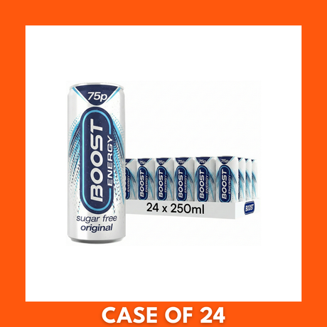 24-pack of Boost Sugar Free Energy Drink Original 250ml cans in cardboard case, clearly marked BBE 22/04/2026