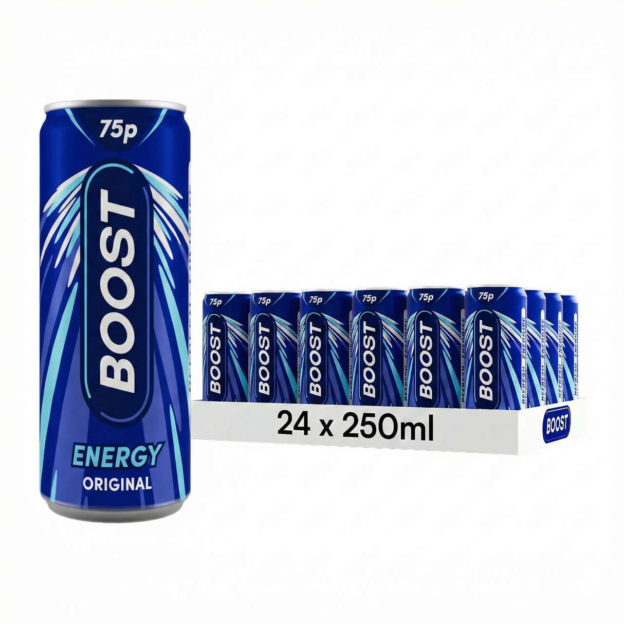 Retail display of 24 cans of Boost Energy Drink Original 250ml in a sealed pack, highlighting pack size (x24), product name and best before date BBE 22/04/2026
