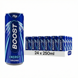 Retail display of 24 cans of Boost Energy Drink Original 250ml in a sealed pack, highlighting pack size (x24), product name and best before date BBE 22/04/2026
