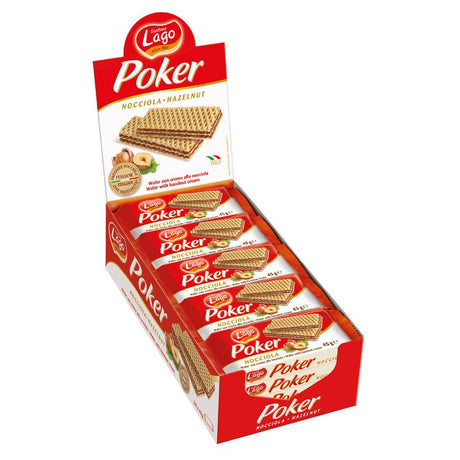 Open pack of Lago Hazelnut Creme Wafers 20 x 45g showing individually wrapped 45g bars and a sliced hazelnut‑creme wafer revealing layered filling