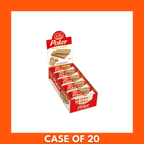 Box of Lago Hazelnut Creme Wafers 20 x 45g — sealed retail carton with Lago logo, hazelnut images and stacked cream‑filled wafer bars visible