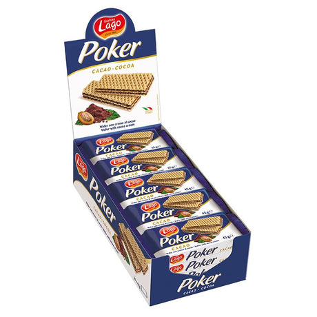Pack of Lago Cocoa Creme Wafers — 20 individual 45g bars in a retail carton, featuring chocolate wafer sticks with creamy cocoa filling and colorful branded packaging