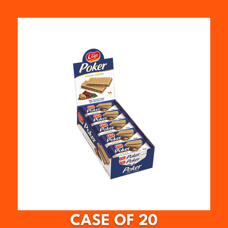 Lago Cocoa Creme Wafers multipack box (20 x 45g) showing stacked chocolate wafer biscuits with visible cocoa creme filling between layers and the Lago logo on the carton