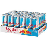 Display of twenty-four 250ml Red Bull Sugarfree cans in a 24‑pack, clear view of branding and 'sugarfree' label for GB/UK market