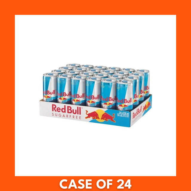 Cardboard case of Red Bull Sugar Free 24 x 250ml cans (GB) showing the Red Bull logo and 24-count label for the sugar‑free energy drink