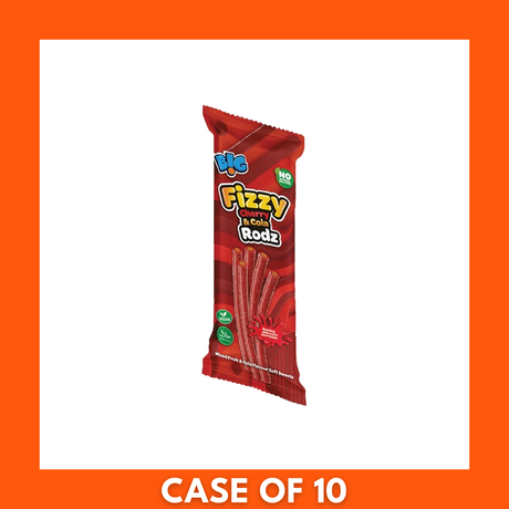 Pack of Big Juicy Cherry & Cola Liquorice Rodz 10 × 150g — ten sealed 150g bags of cherry & cola flavored liquorice rods in retail packaging