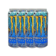 Monster Energy Aussie Lemonade 4-pack on a store shelf, attracting attention with its eye-catching design.