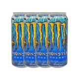 Monster Energy Aussie Lemonade 4-pack on a store shelf, attracting attention with its eye-catching design.