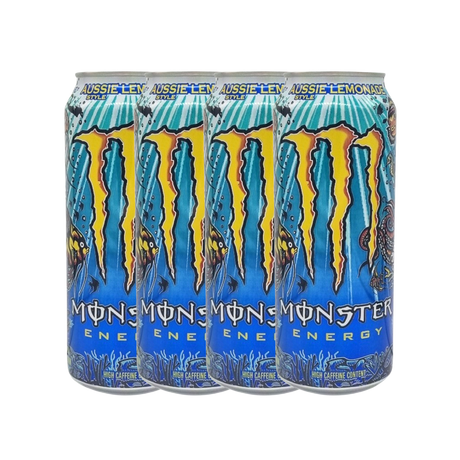 Monster Energy Aussie Lemonade 4-pack on a store shelf, attracting attention with its eye-catching design.