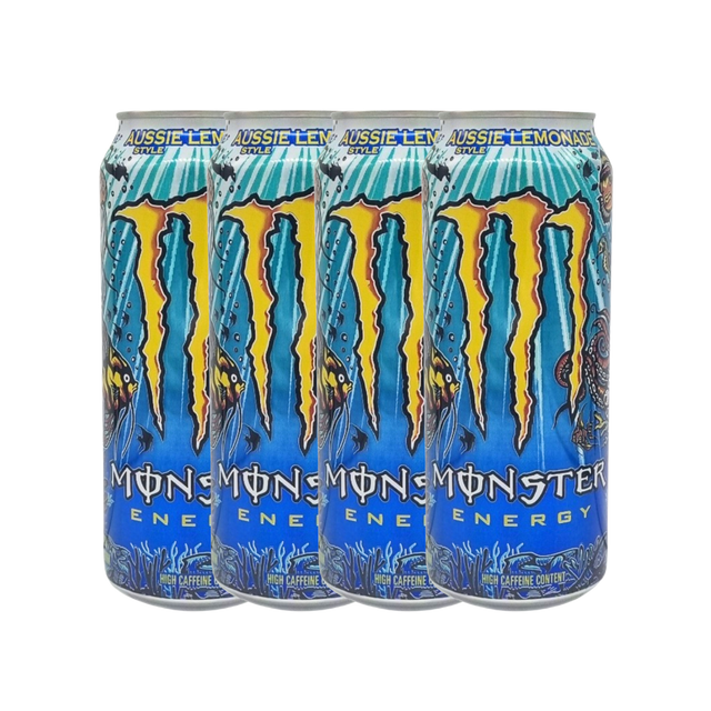 Monster Energy Aussie Lemonade 4-pack on a store shelf, attracting attention with its eye-catching design.