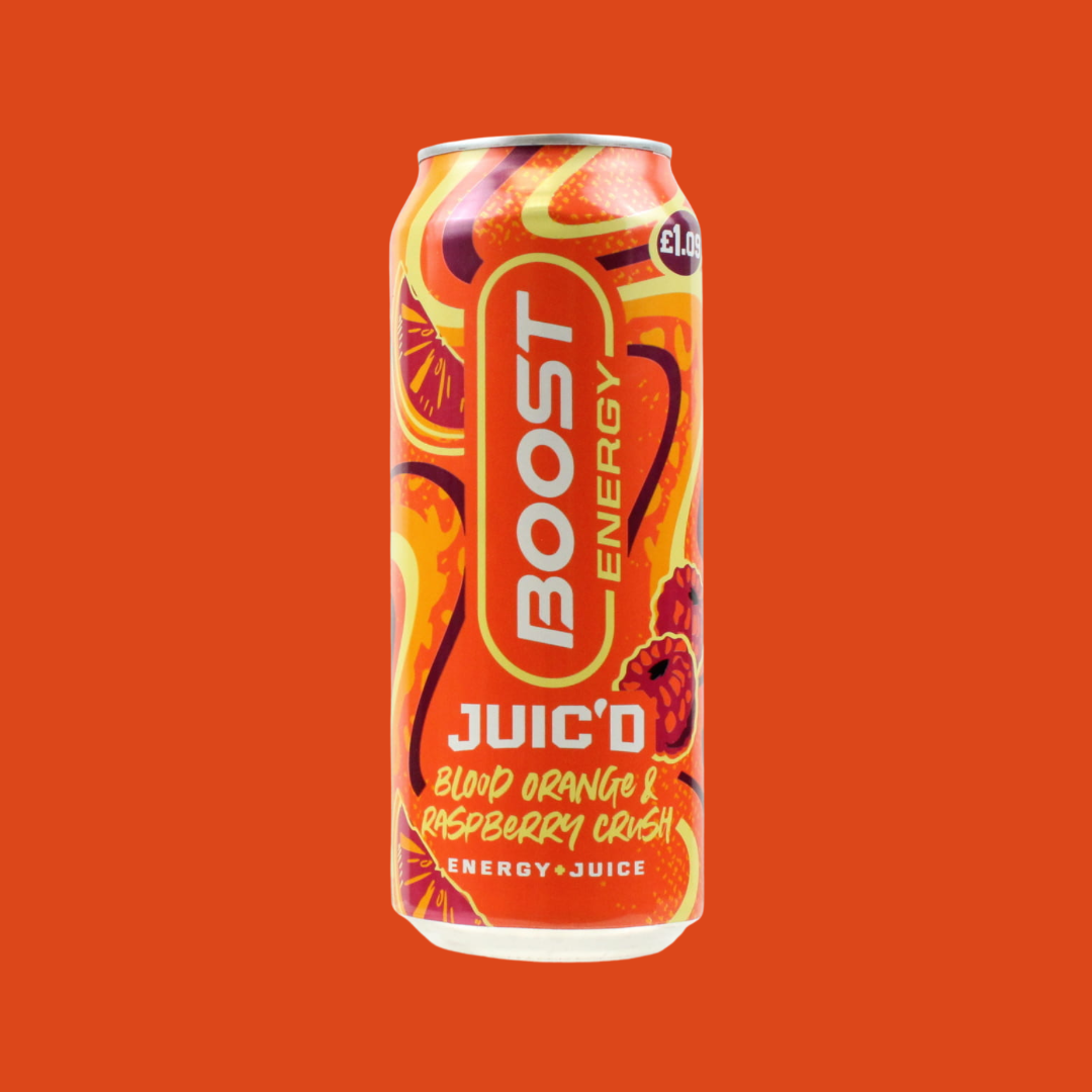 Boost Energy Juic'd can with blood orange and raspberry flavor on an orange background