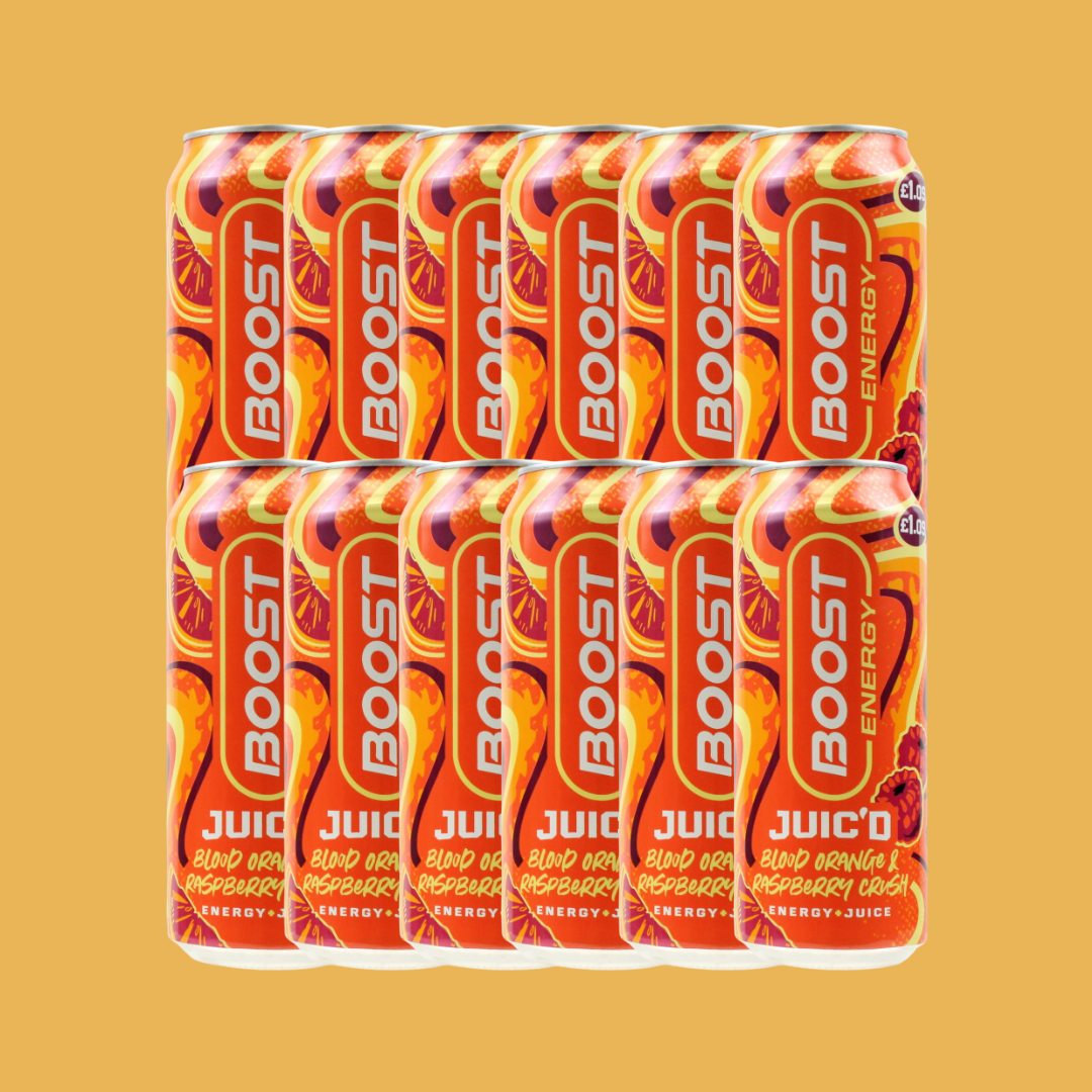 Multiple cans of Boost Energy Juic'd drink on a yellow background