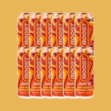 Multiple cans of Boost Energy Juic'd drink on a yellow background