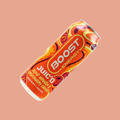 Boost Energy Juco can on a peach background