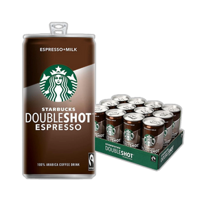 A case of Starbucks Doubleshot Espresso cans, with individual can packaging shown alongside.