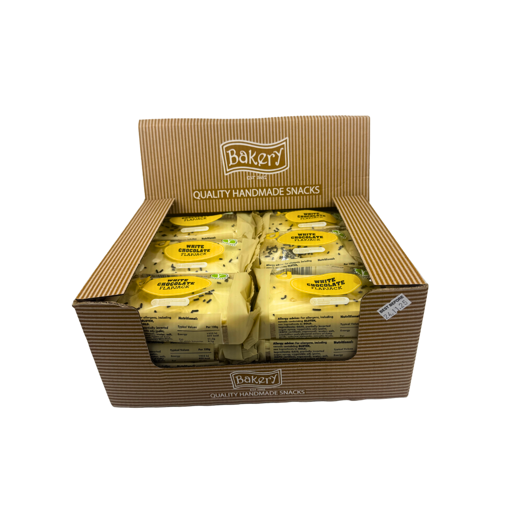Individually wrapped RJ White Chocolate Flapjack 125g on wooden board