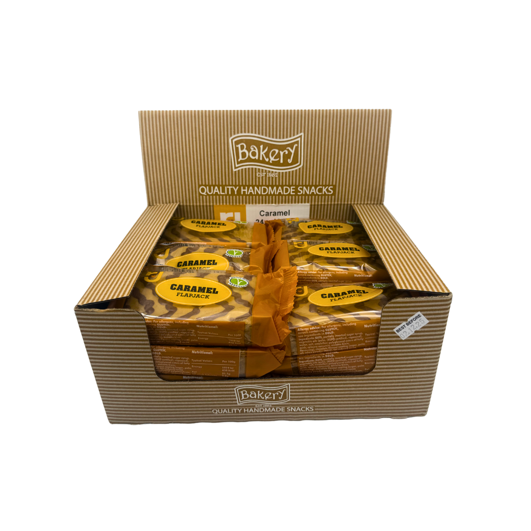 Single RJ Caramel Flapjack 125g bar with golden caramel drizzle visible
