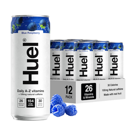 Huel Blue Raspberry Daily A-Z Vitamins Energy Drink can on a white background
