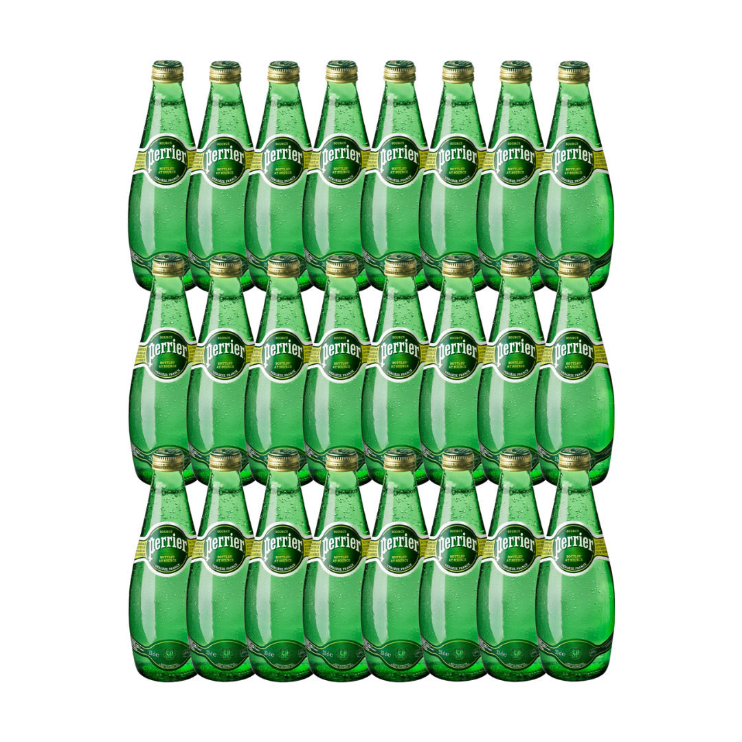 Twenty-four 330 ml Perrier glass bottles lined up on a white background

