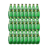 Twenty-four 330 ml Perrier glass bottles lined up on a white background

