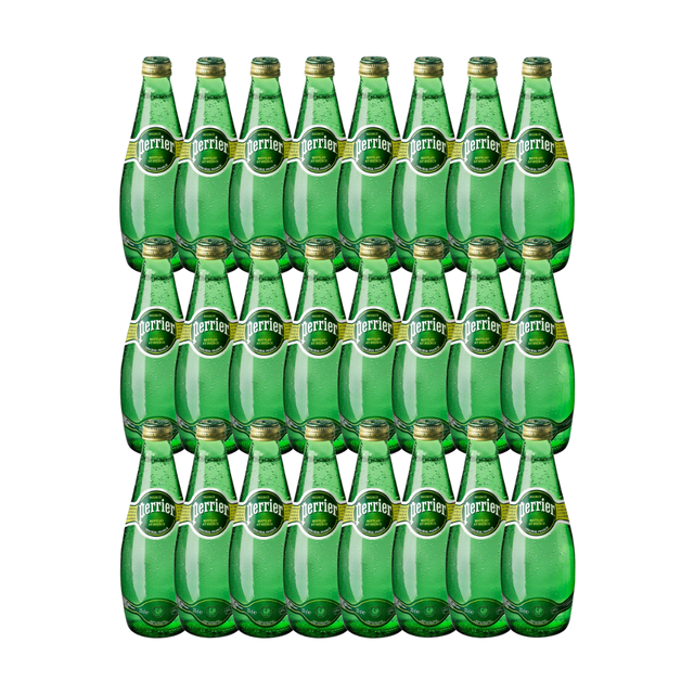 Twenty-four 330 ml Perrier glass bottles lined up on a white background

