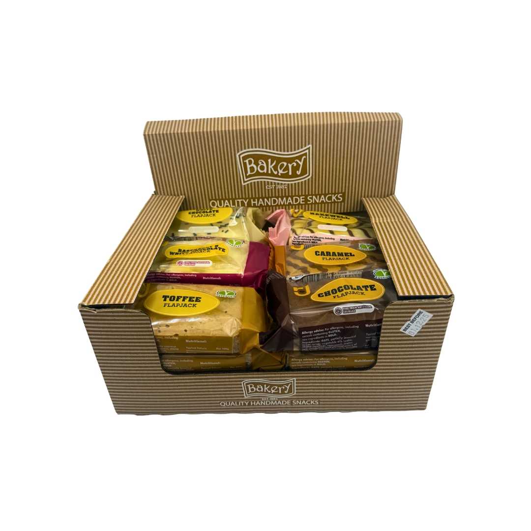 Six RJ Cereal Bars flavours arranged in a row: white chocolate, raspberry, caramel, toffee, chocolate, bakewell