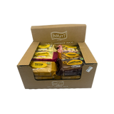 Six RJ Cereal Bars flavours arranged in a row: white chocolate, raspberry, caramel, toffee, chocolate, bakewell