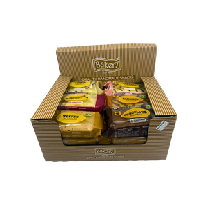 Six RJ Cereal Bars flavours arranged in a row: white chocolate, raspberry, caramel, toffee, chocolate, bakewell