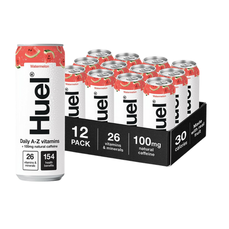 Huel Watermelon Daily A-Z Vitamins Energy Drink can on a white background
