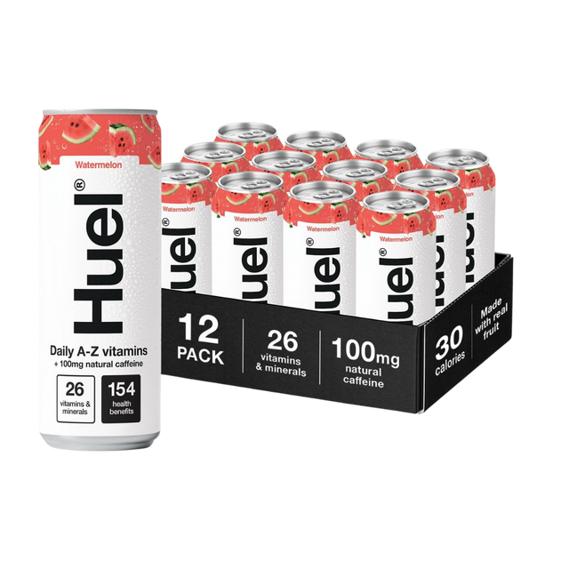 Huel Watermelon Daily A-Z Vitamins Energy Drink can on a white background
