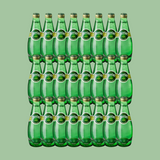 Open Perrier bottle pouring sparkling water into a glass over ice

