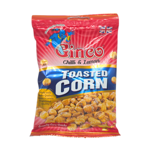 Bag of Ginco Chilli & Lemon Toasted Corn with roasted kernels spilling onto a table

