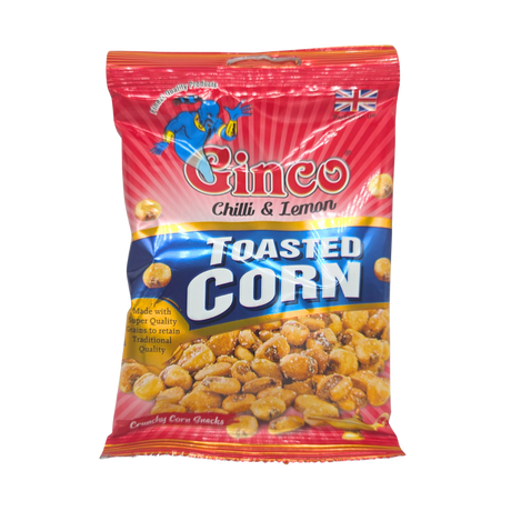 Bag of Ginco Chilli & Lemon Toasted Corn with roasted kernels spilling onto a table

