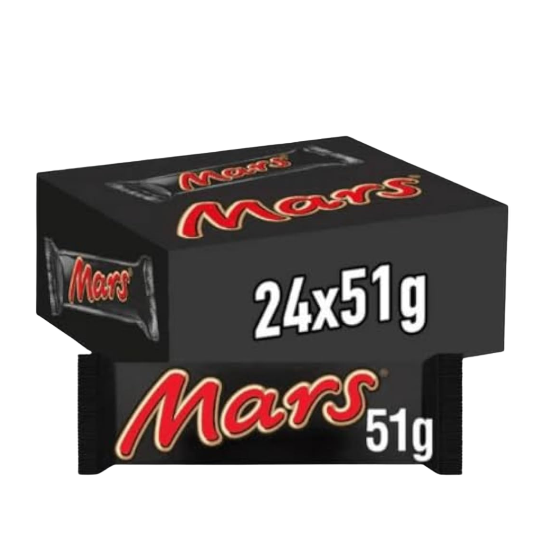 Single Mars Bar 51g unwrapped showing nougat, caramel, and chocolate layers

