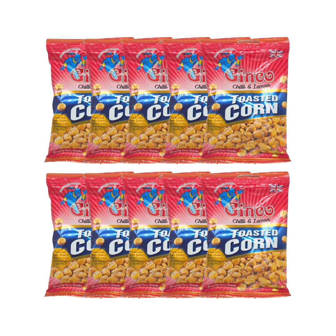 Ten 100g Ginco Chilli & Lemon Toasted Corn bags stacked for bulk display

