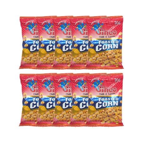 Ten 100g Ginco Chilli & Lemon Toasted Corn bags stacked for bulk display

