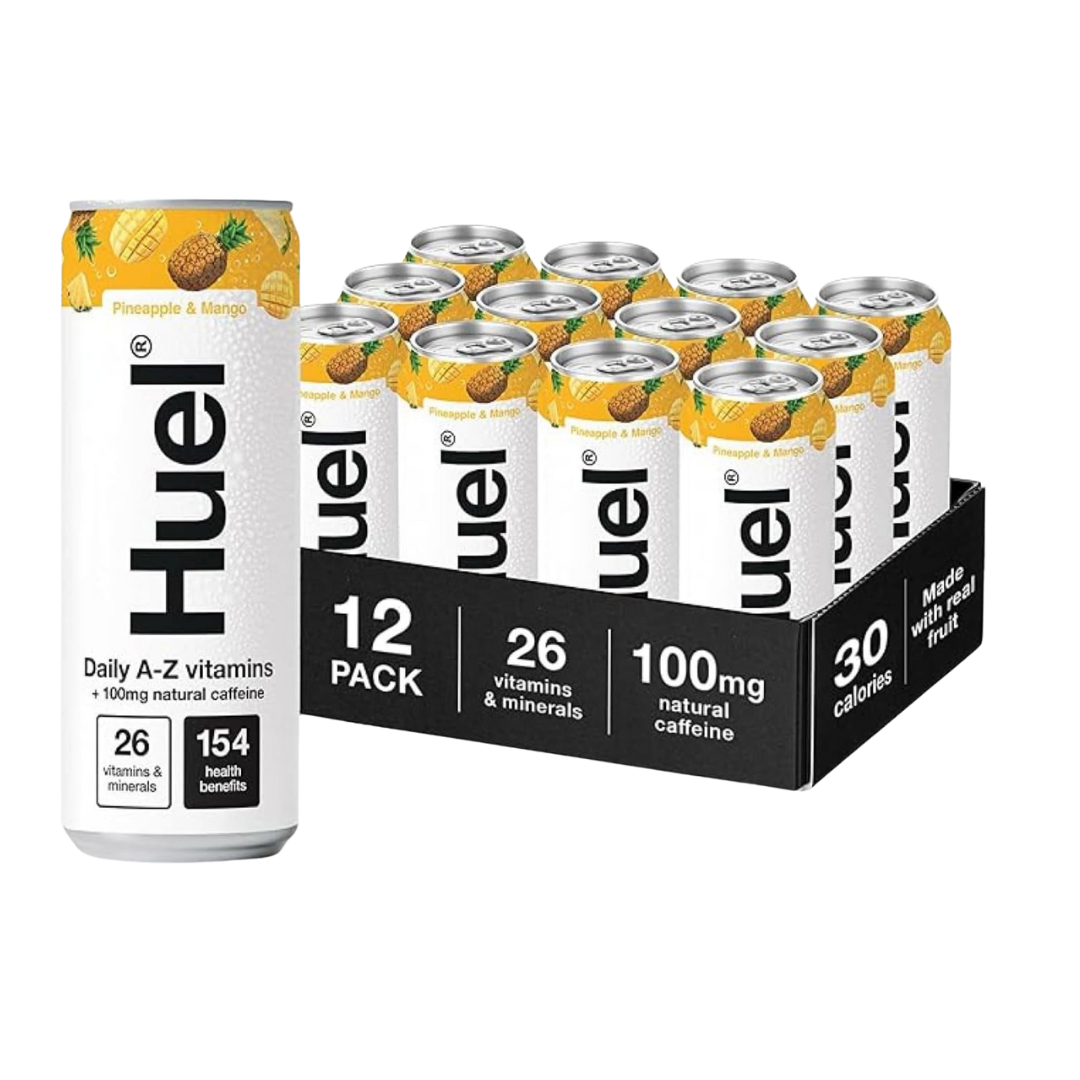 Can of Huel Pineapple & Mango Daily A-Z Vitamins Energy Drink on a table
