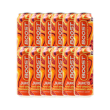 Pack of Boost Energy Juic'd drinks in red and orange packaging on a white background