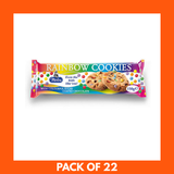 Packaging of Rainbow Cookies with colorful design on an orange background