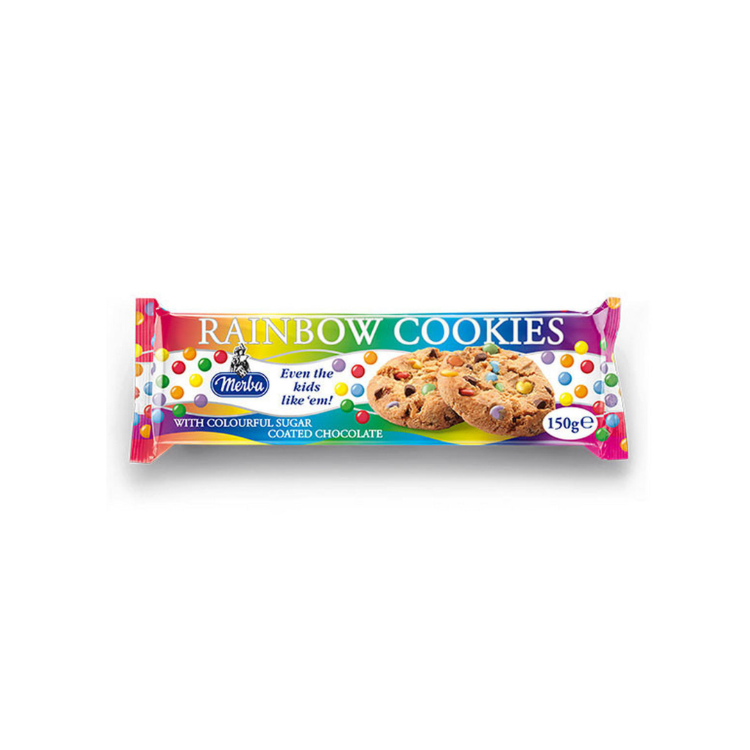 Packaging of Rainbow Cookies with colorful design on a white background