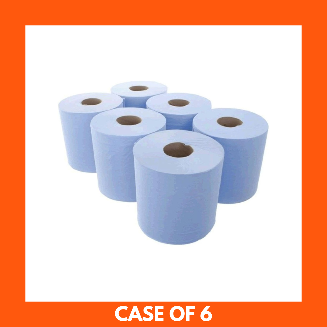 Pack of 6 blue paper towel rolls stacked together