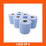 Pack of 6 blue paper towel rolls stacked together