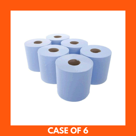 Pack of 6 blue paper towel rolls stacked together