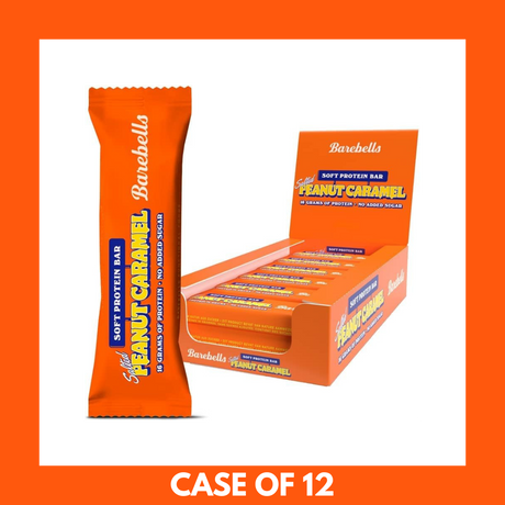 Barebells Peanut & Caramel Protein Bar unwrapped showing peanut and caramel layers