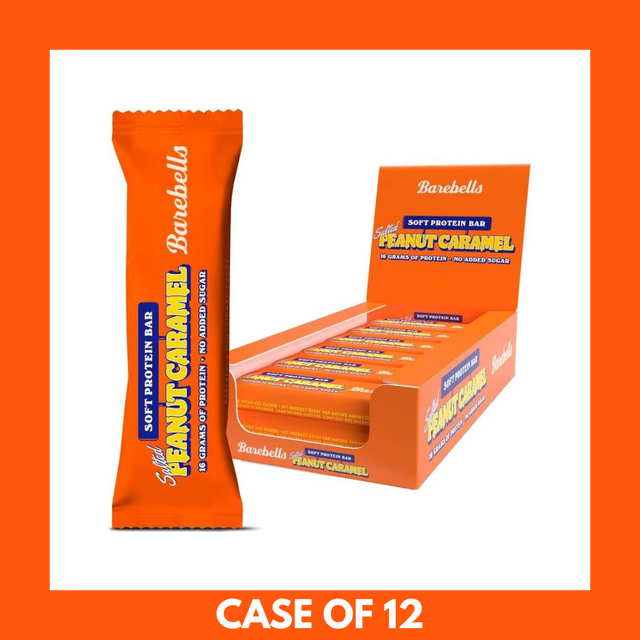 Barebells Peanut & Caramel Protein Bar unwrapped showing peanut and caramel layers